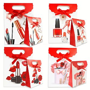 Kit com 12 Sacolas de Papel para presente com Velcro Modelo Maquiagem 12x16 cm