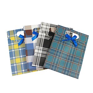 Kit 12 Sacolas de Papel Kraft Xadrez com Laço 16x12x6cm