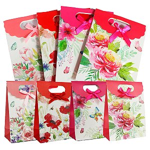 Kit 12 Sacolas Kraft Florais com Laço de Cetim Tm 27x19x9cm