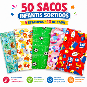 Kit 50 Sacos Presente Infantil Sortidos 5 Estampas Festa