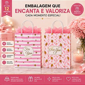 12 Sacolas de Papel Para Presente 15x8x21cm Com Alça Rosa