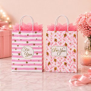 12 Sacolas de Papel Para Presente 15x8x21cm Com Alça Rosa