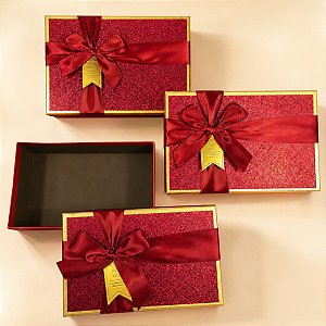 3 Caixas de Presente Retangular com laço detalhe em Gliter