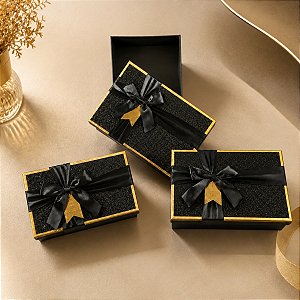 3 Caixas de Presente Retangular com laço Preto com Gliter
