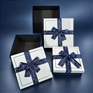 3 Caixas Presente Quadradas com Laço Decorativo Azul Claro