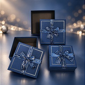 Kit 3 Caixas Presente Quadradas com Laço Decorativo Azul