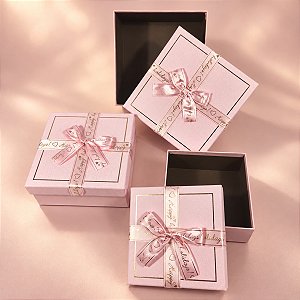 Kit 3 Caixas Presente Quadradas com Laço Decorativo Rosa