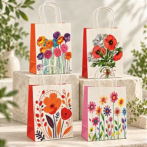 12 Sacolas de Papel Para Presente 25x12x33cm Jardim Sortido
