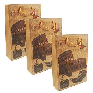 Kit 12 Unidades Sacolas Kraft 24,5x19x8 Estampa Coliseu