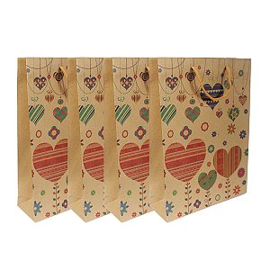 Kit 12 Unidades Sacolas Kraft 24,5x19x8 Estampa Corações