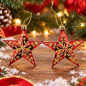 2 Enfeites Natalino Para Pendurar Estrela Vermelha 8x9cm
