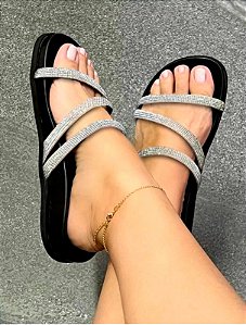 Sandália Feminina Birken Preta Rasteira Confortável Plataforma Brilho