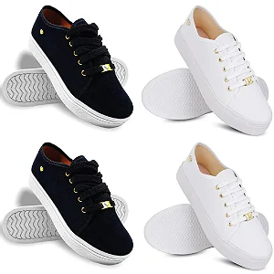 Kit 2 Tênis Feminino Coração Branco Preto Confortável