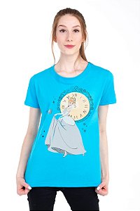 Camiseta Babylook Cinderela Relogio Azul