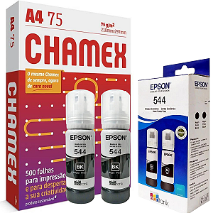 Kit 2 Garrafa Epson T544 para Ecotank Preto + Papel sulfite
