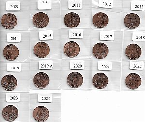 17 Moedas 5 Centavos De Real de 2009 a 2024 Todas Flor de Cunho (Lt 4463)