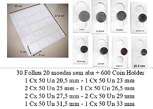 30 Folhas 20 Moedas Sem Aba + 600 COin Holder (12 Cx)