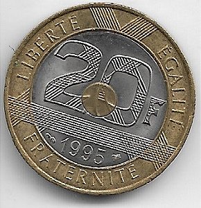 França 20 francos 1993 Trimetálica centro e anel externo de Alumínio-Bronze, anel interno de Níquel (LT 132