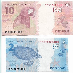Brasil Cédula de R$ 2,00 Série KE + Cédula de R$ 10,00 Série MA Assinantura Fernando Hadad F.E. (LT 4450)