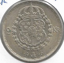 Suécia 2 Kronor 1946 Prata 400 / 14 g /31 mm (Lt 05)