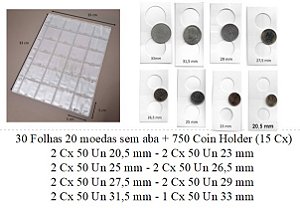 30 Folhas 24 Moedas Sem Aba + 750 COin Holder (15 Cx)
