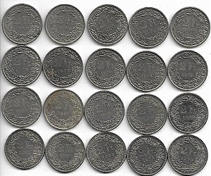 Suíça Cubro Níquel 20 Moedas 2 FR Sem Repetição de Datas Lt 3970