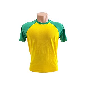 CAMISETA RAGLAN AMARELA COM MANGA VERDE 100% POLIÉSTER