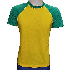 CAMISETA RAGLAN AMARELA COM MANGA VERDE 100% POLIÉSTER