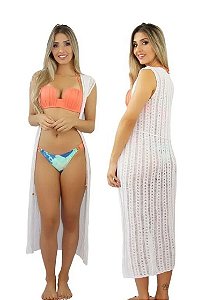 Saida De Praia Banho Tricô Longa Manga Curta Moda Praia Feminina