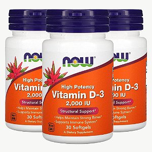 Kit 3x Vitamina D3, Now Foods, 2000 IU, 30 Cáps, Importado