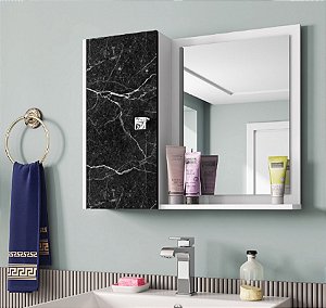 Armário De Banheiro Com Espelho E Porta Cor Preto Mármore