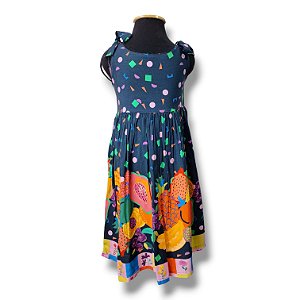 Vestido de  Viscose  com Alça Laço e Estampa Digital Salada de Frutas