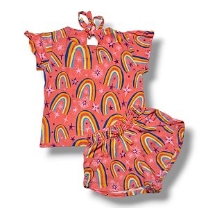 Conjunto de Camisa e Short de Viscose Arco-íris