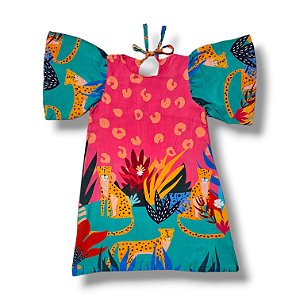 Vestido de Viscose Estampa Digital e Manga Borboleta Leopardos