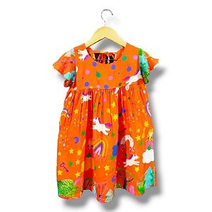 Vestido de Viscose Estampa Digital e Laço nas Costas A Princesa e o Unicórnio