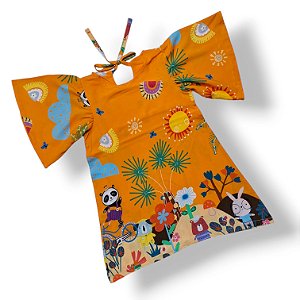 Vestido de Viscose Estampa Digital com Manga Borboleta Filhotinhos