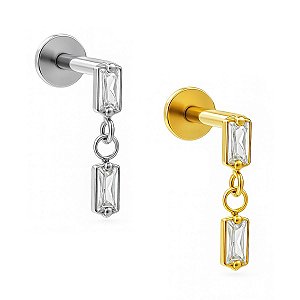 Labret Pendurado de Titânio Duas Baguetes de Zircônia