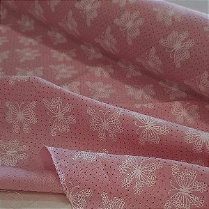 Tecido - Tricoline - fundo rosa + poás + borboletas - 0,50 cm - PERIPAN