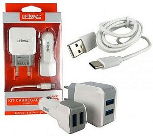 Kit Carregador 3 Em 1 Com Cabo Type C 2.4a Le-221c - Lelong (Cor Branco)