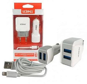 Kit Carregador 3 Em 1 Com Cabo Iphone 2.4a Le-221c - Lelong (Cor Branco)