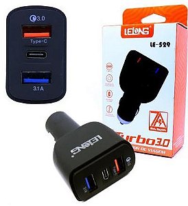 Carregador Veicular Turbo LE-529 Lelong 7A Ultra Rápido 2 USB e 1 Tipo C Preto