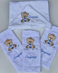 Kit Toalha com capuz e 3 babetes - Ursinho/Ursinha