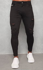 CALÇA SKINNY C/ ELASTANO PRETA RASGADA - PREMIUM