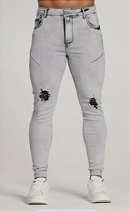 CALÇA SKINNY C/ ELASTANO RASGADA CINZA
