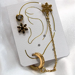 Kit Brincos Floco de Neve Dourado em Aço Inoxidável - Cód.: 00010D