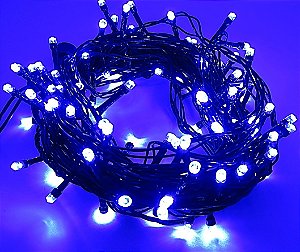 CORDÃO FIXO 100 LEDs FIO VERDE AZUL 9,2 METROS 110V -TOMADA MACHO E FEMEA - Uso interno