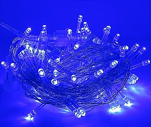 Cordão Fixo 100 LEDs Fio Transparente 9,2 Metros Azul 220V -Tomada Macho e Fêmea - Uso interno