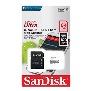 Cartão de Memória 64GB Sandisk Ultra Micro SD Classe 10 com Adaptador- SDSQUNR-64G-GN3MA