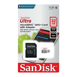 Cartão de Memória 32GB Sandisk Ultra Micro SD Classe 10 com Adaptador- SDSQUNR-32G-GN3MA