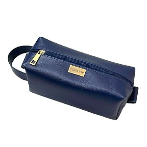 Necessaire Manu G alça lateral azul marinho personalizada ferragens douradas